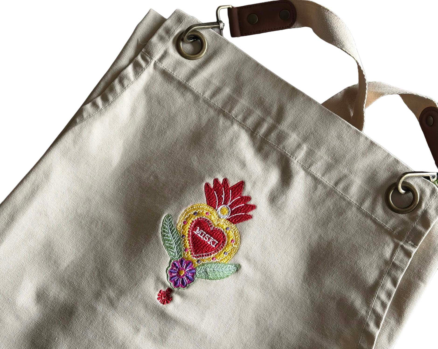 Heart Design Clip & Cross-Back Bib Apron-Natural Cream