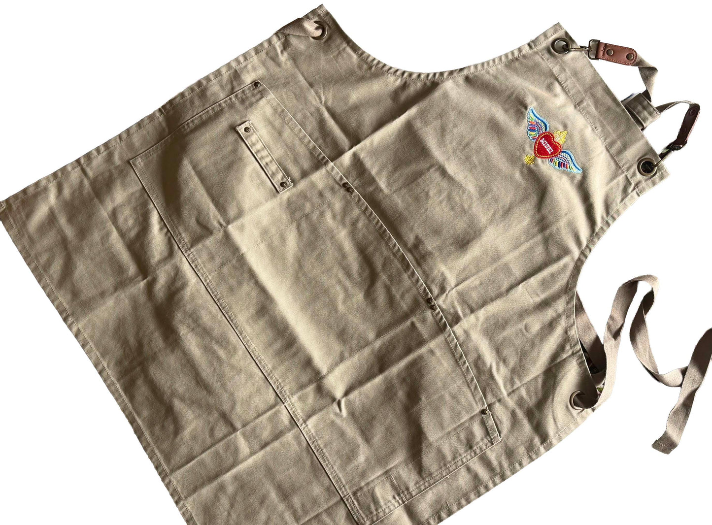 Heart Design Clip & Cross-Back Bib Apron- Khaki-Beige