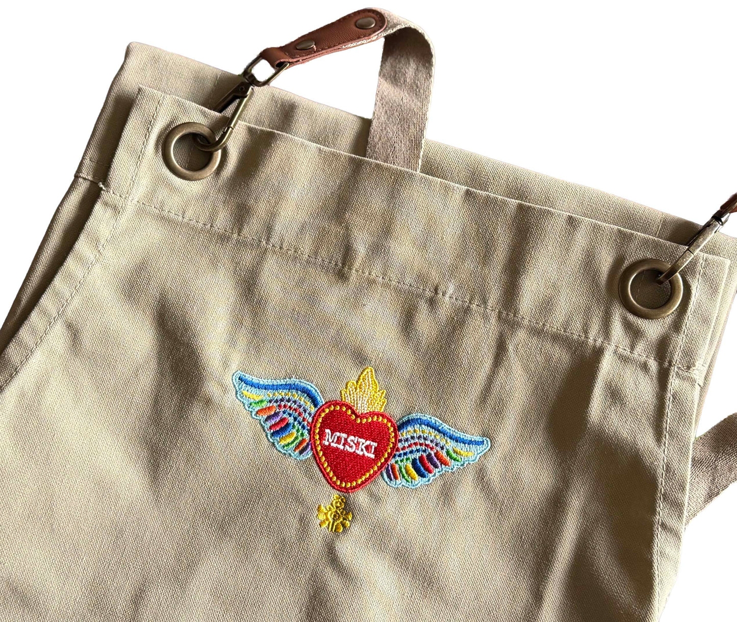Heart Design Clip & Cross-Back Bib Apron- Khaki-Beige