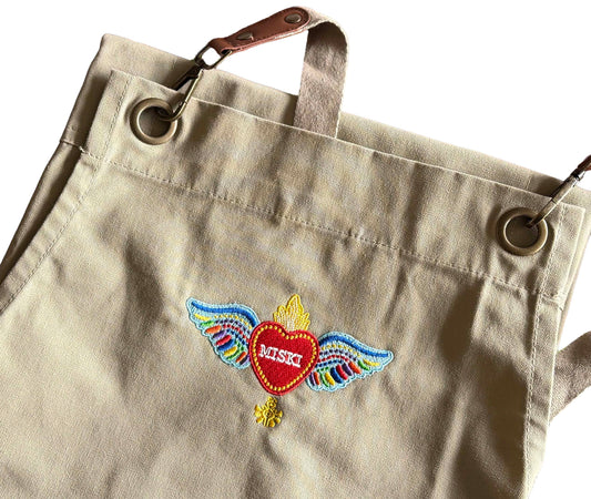 Heart Design Clip & Cross-Back Bib Apron- Khaki-Beige
