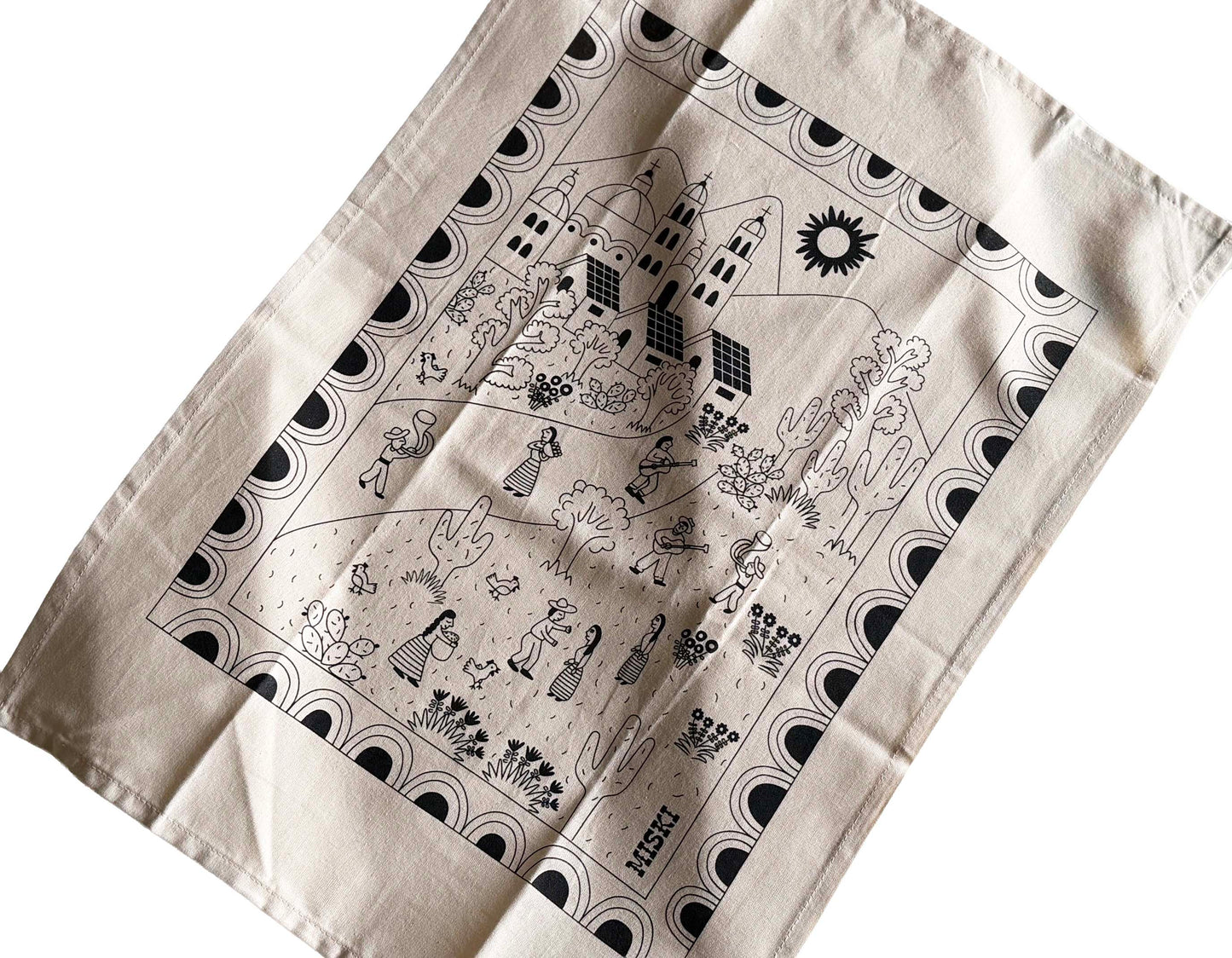 MISKI Mexican Folk Design Church Tea Towel-Hand Screen-Printed Artisan